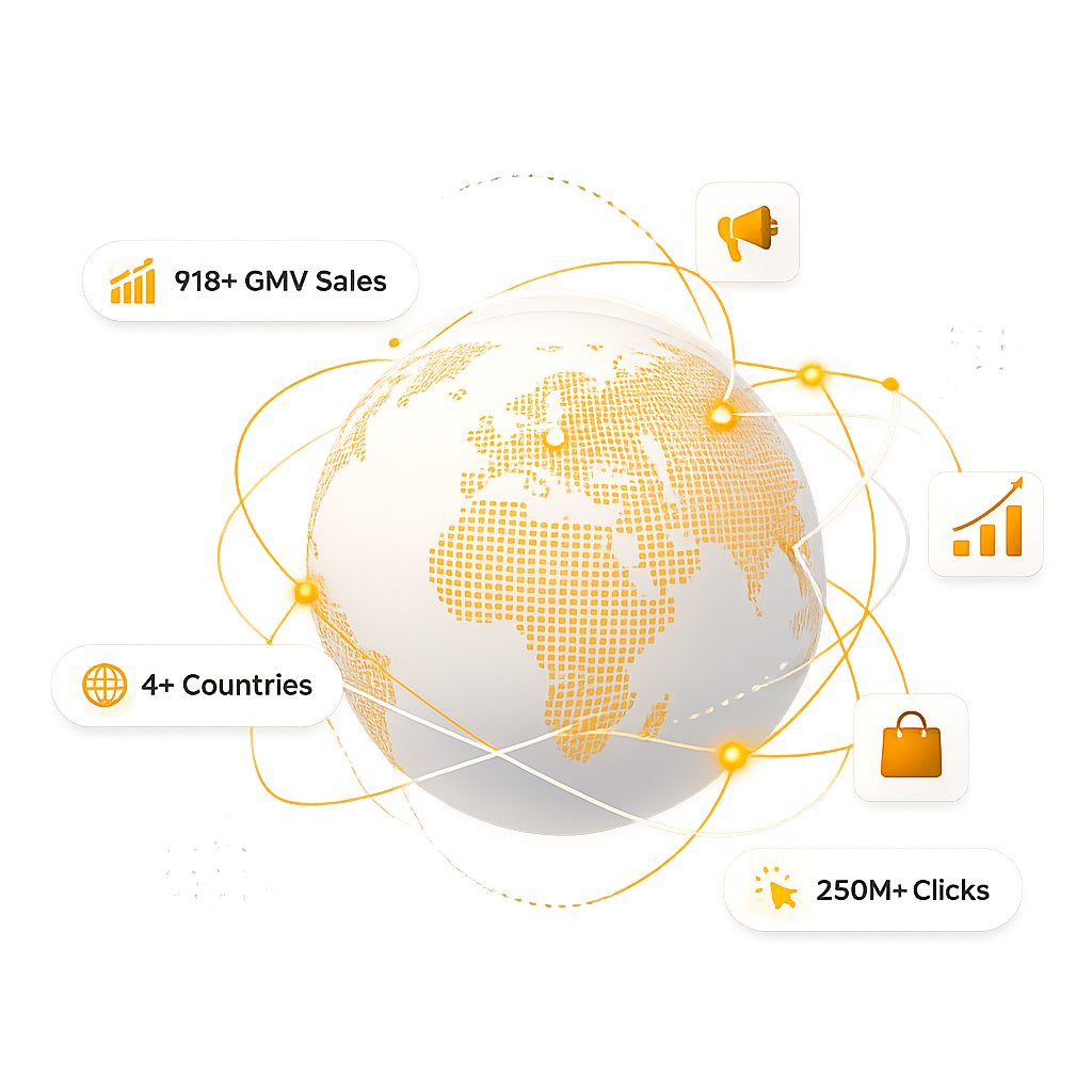 Globe showing ParityCube's global reach: 918+ GMV sales, 4+ countries, 250M+ clicks